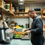 Homme préparant des légumes dans une cuisine professionnelle.