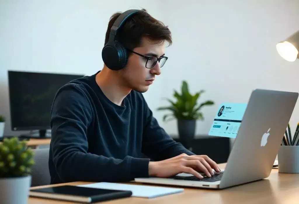 Homme écoutant de la musique en travaillant sur ordinateur.