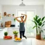 Femme s'étire dans une cuisine moderne.