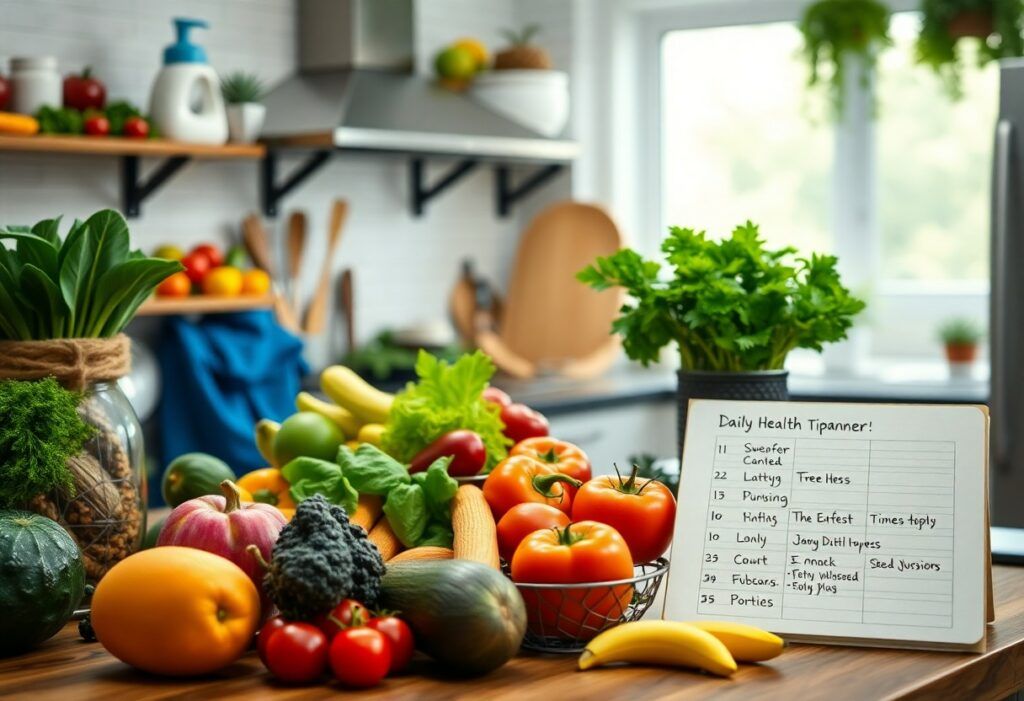 Fruits et légumes frais sur une table de cuisine.