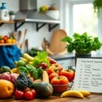 Fruits et légumes frais sur une table de cuisine.