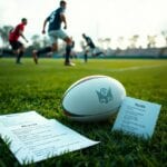 Terrain de rugby avec ballon et règles.