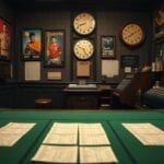 Intérieur de bureau rétro avec affiches et horloges.