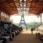 Stade couvert avec vue sur la Tour Eiffel.