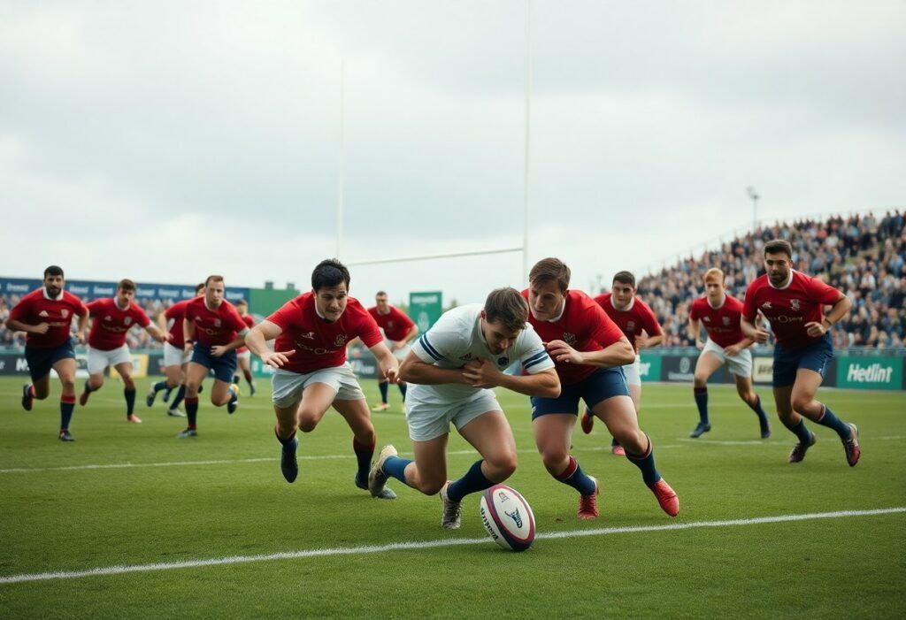 Joueur de rugby marquant essai poursuivi par adversaires.