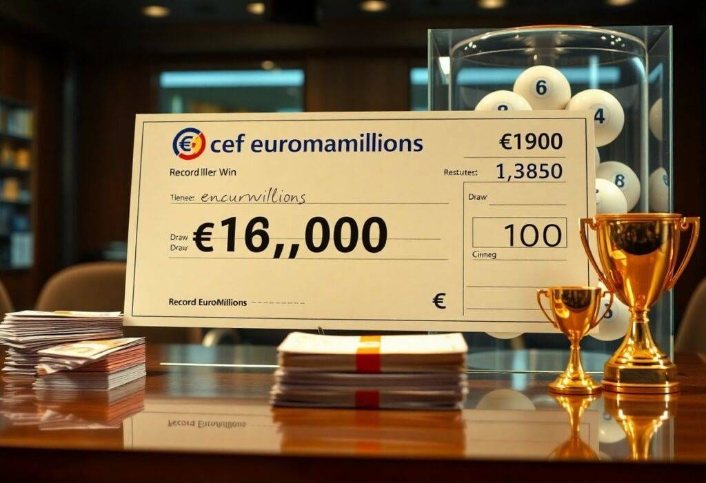 Chèque géant Euromillions avec trophées et billets.