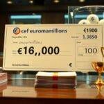 Chèque géant Euromillions avec trophées et billets.