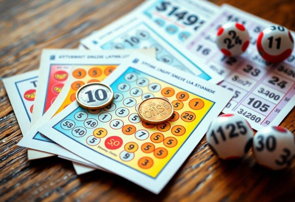 Cartons et boules de bingo sur table en bois.