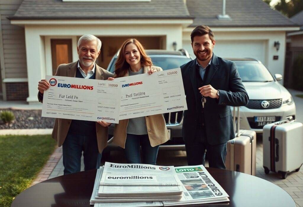 Trois personnes souriantes avec chèques gagnants et voitures.
