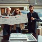 Trois personnes souriantes avec chèques gagnants et voitures.