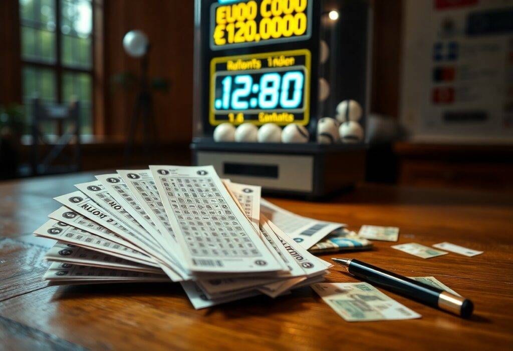 Billets de loto et argent sur une table.