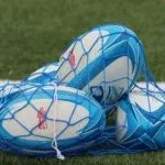 Ballons de rugby dans un filet sur gazon.