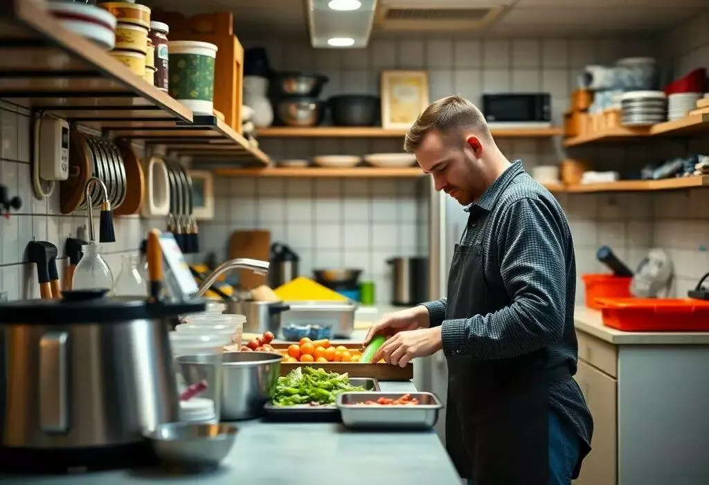 Homme préparant des légumes dans une cuisine professionnelle.