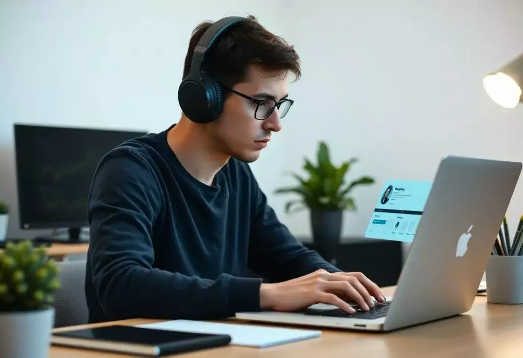Homme écoutant de la musique en travaillant sur ordinateur.