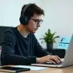 Homme écoutant de la musique en travaillant sur ordinateur.