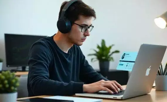 Homme écoutant de la musique en travaillant sur ordinateur.