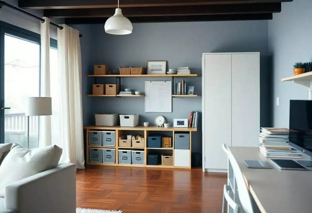 Salon moderne avec étagères et bureau.