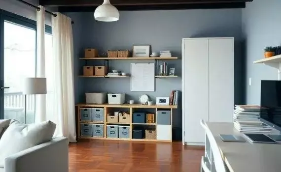 Salon moderne avec étagères et bureau.