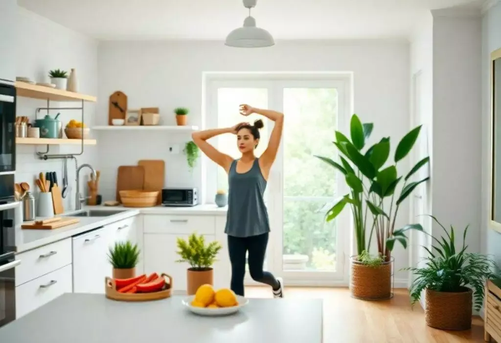Femme s'étire dans une cuisine moderne.