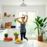 Femme s'étire dans une cuisine moderne.