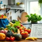 Fruits et légumes frais sur une table de cuisine.