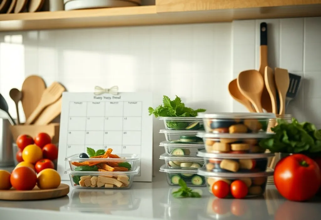 Cuisine avec légumes frais et calendrier.