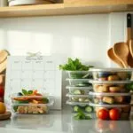 Cuisine avec légumes frais et calendrier.