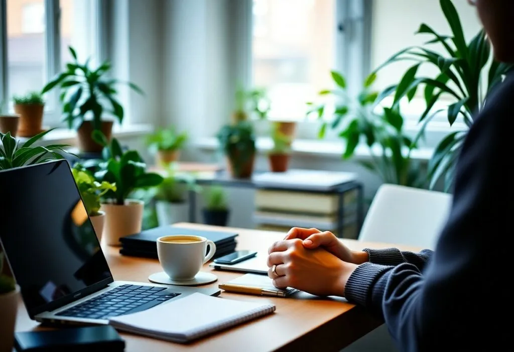 Bureau avec ordinateur portable et plantes vertes.