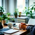 Bureau avec ordinateur portable et plantes vertes.