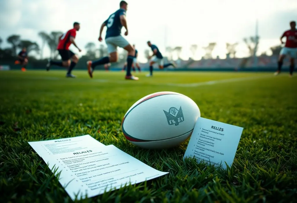 Terrain de rugby avec ballon et règles.