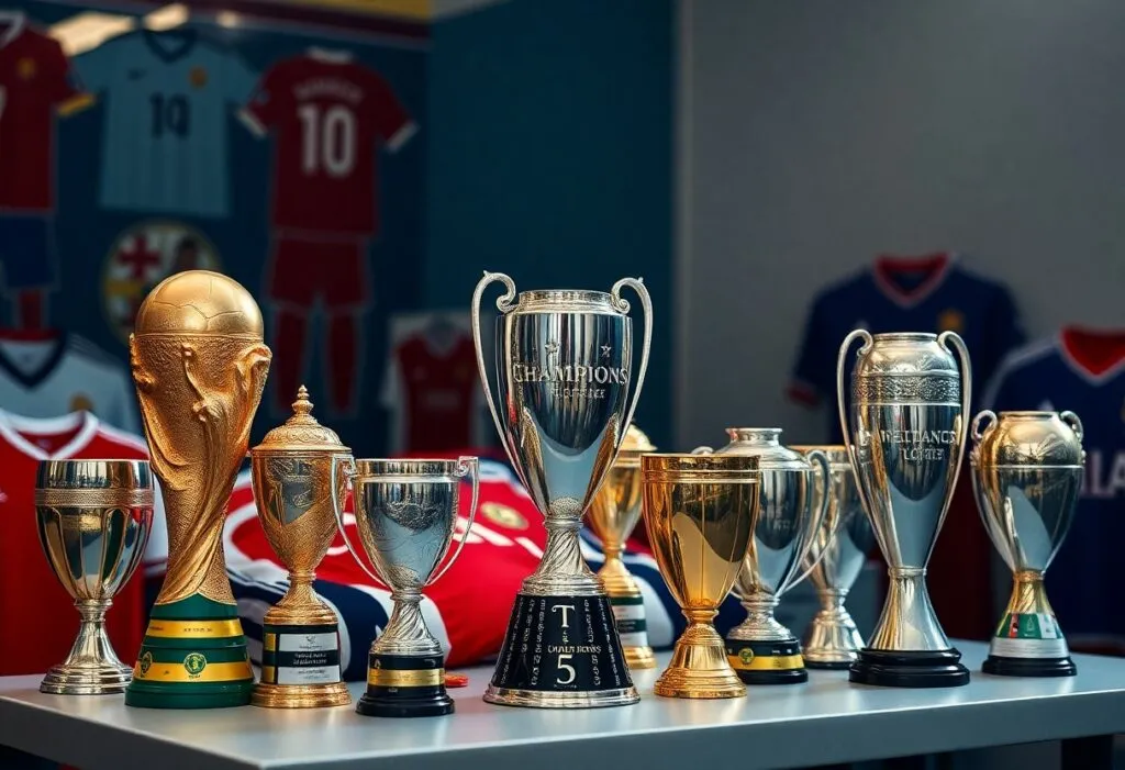 Collection de trophées de football sur une table.