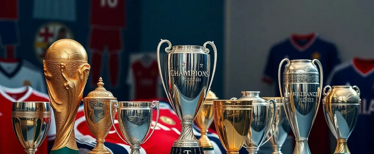 Collection de trophées de football sur une table.