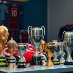 Collection de trophées de football sur une table.
