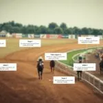 Course de chevaux sur piste avec annotations floues.