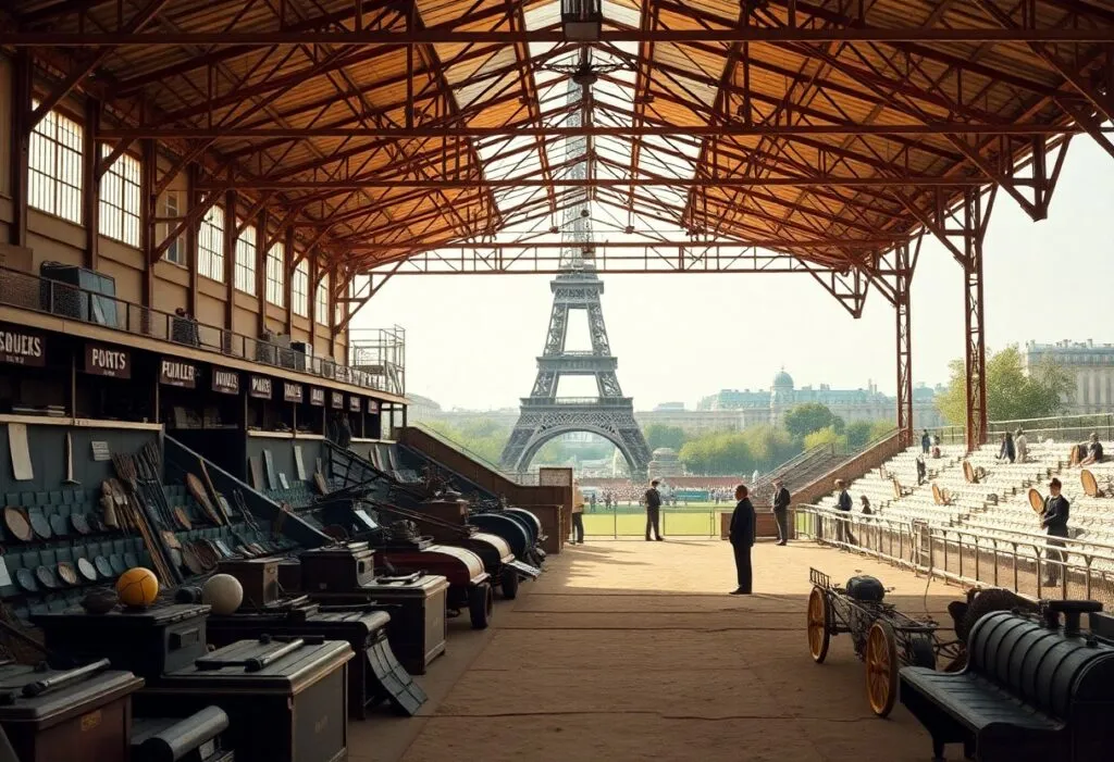 Stade couvert avec vue sur la Tour Eiffel.