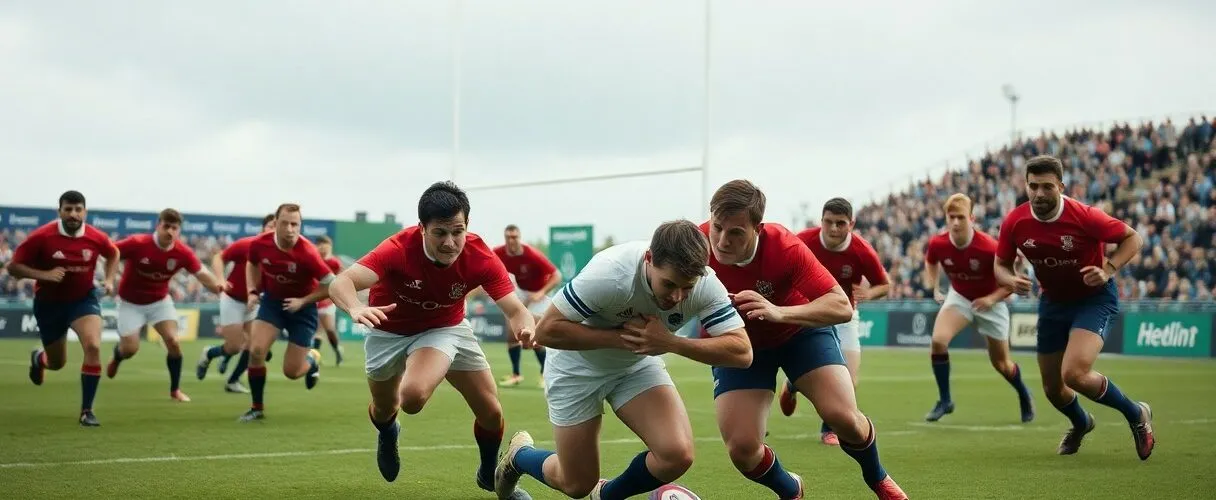 Joueur de rugby marquant essai poursuivi par adversaires.