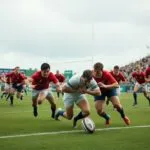 Joueur de rugby marquant essai poursuivi par adversaires.