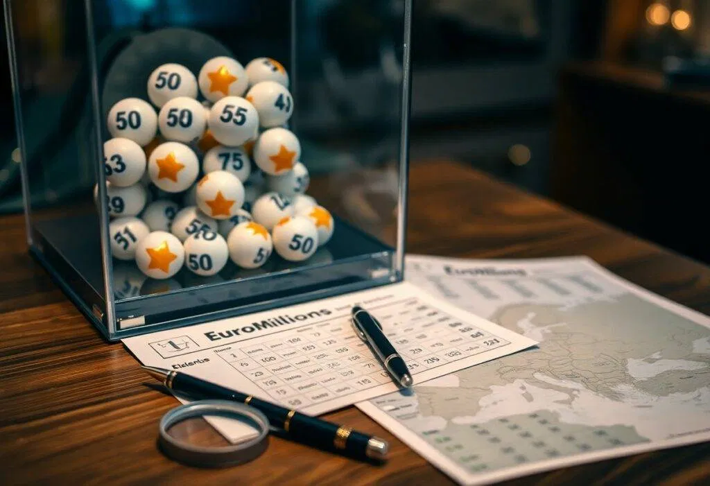 Boules de loto en vitrine avec tickets.