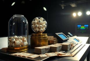 Salle de tirage de loterie avec cartes et machines.