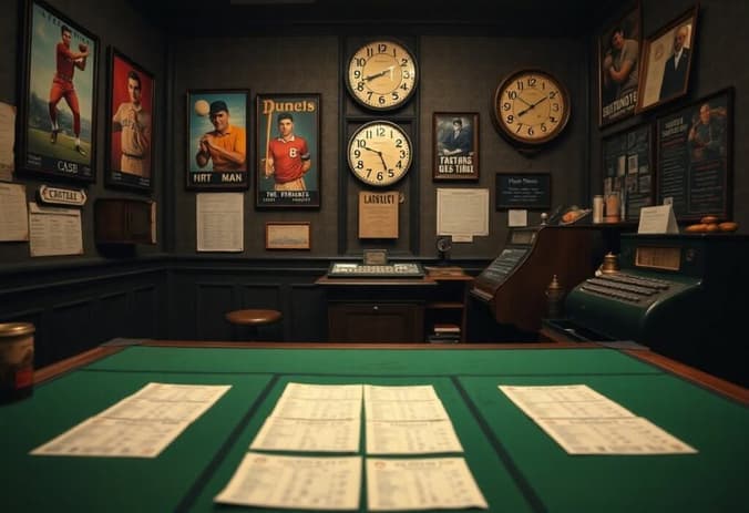Intérieur de bureau rétro avec affiches et horloges.