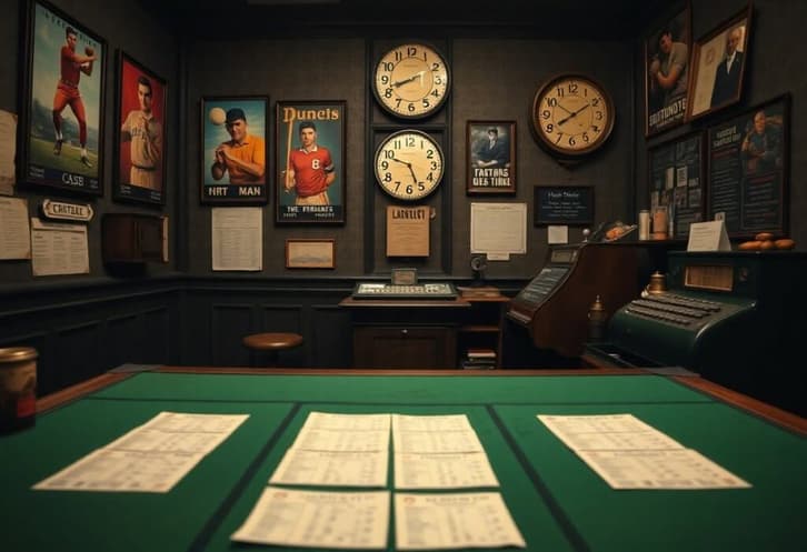 Intérieur de bureau rétro avec affiches et horloges.
