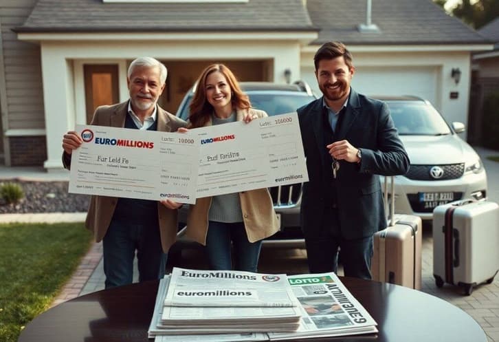 Trois personnes souriantes avec chèques gagnants et voitures.