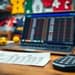 Ordinateur portable avec tableau et objets de sport.